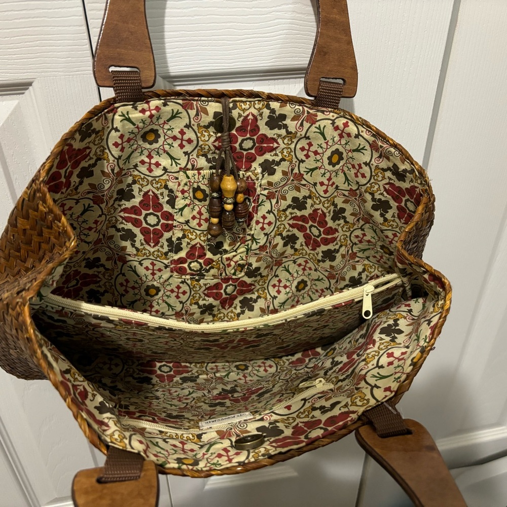 St. John’s Bay Brown Woven Purse with Wood Handles and Bead Accents - Picture 4 of 6